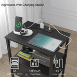 sthmec Nightstands Set of 2, Black Night Stands with Charging Station, Bedside Tables with Fabric Drawers PU Finish, 2-Tier Side Table with Open Shelf, Nightstands with Drawer,Black sthmec