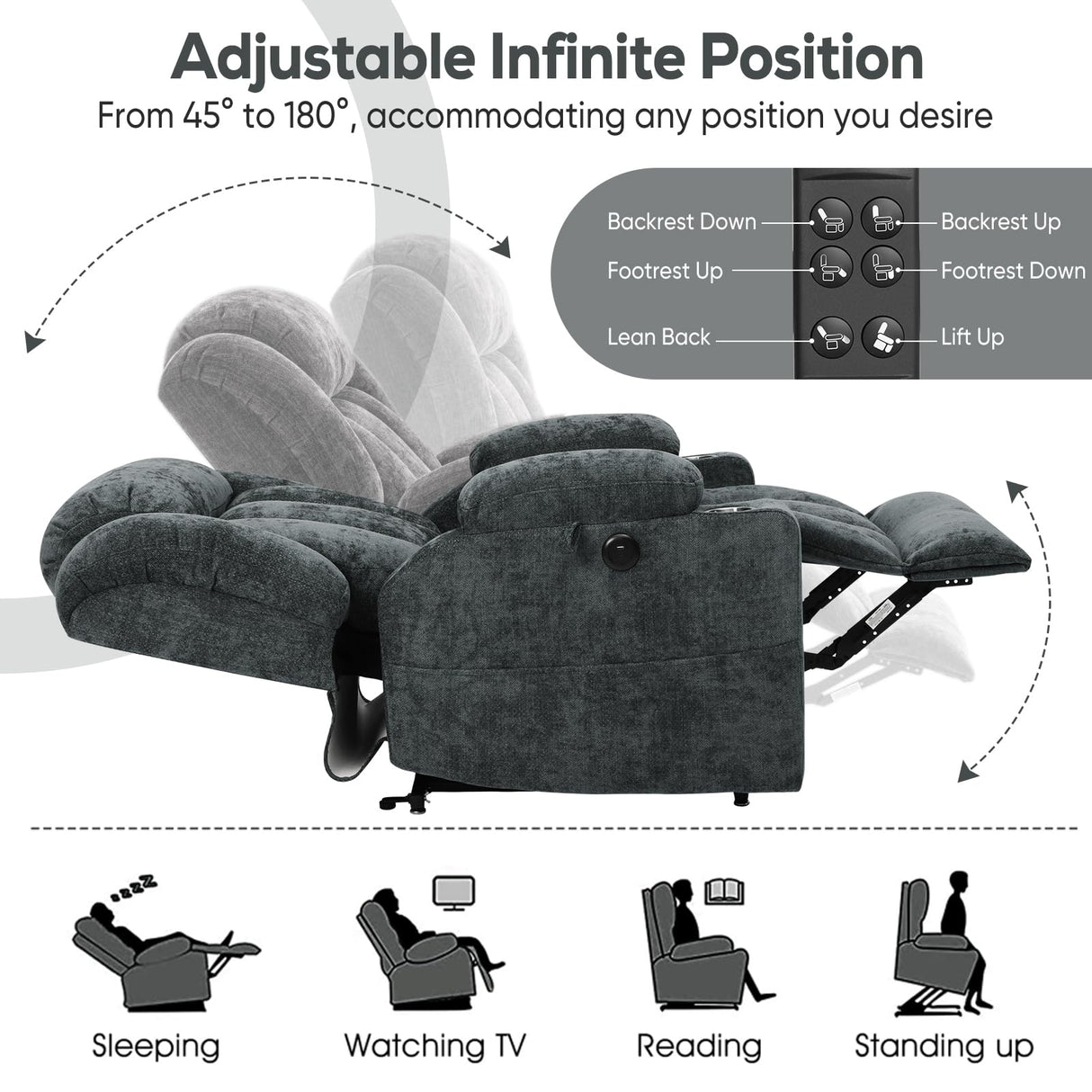 ABCASA Large Dual Motor Lay Flat Power Lift Recliner Chair for Elderly with Heat ＆ Massage, Comfortable Chenille Recliner, Cup Holder, Side Pocket,USB-A ＆ C Ports, Gray Blue ABCASA