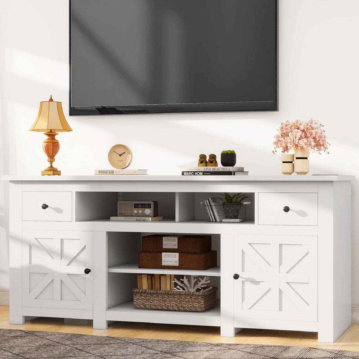 YITAHOME Farmhouse TV Stand 70 Inches, Entertainment Center with Power Outlet, Rustic TV Stands for Living Room, TV Console with Storage Drawers, Pure White