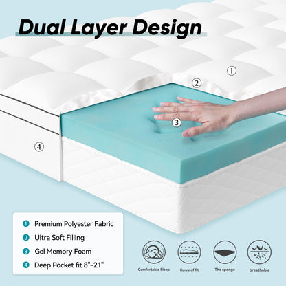 Memory Foam Mattress Topper King Size, Dual Layer 4 Inch Mattress Pad,2 Inch Gel Memory Foam Plus 2 Inch Pillow Top Cover with 8-21 Inch Deep Pocket