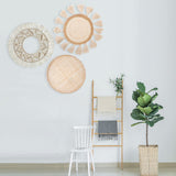 LOCS MICRAI Boho Wall Basket Decor Set of 3 - Flat Woven Basket Wall Hanging Decor,Round Tassels White Macrame Tapestry Wall Decor Art,Handmade Rattan Wicker Seagrass Home Wall Baskets Decor LOCS MICRAI