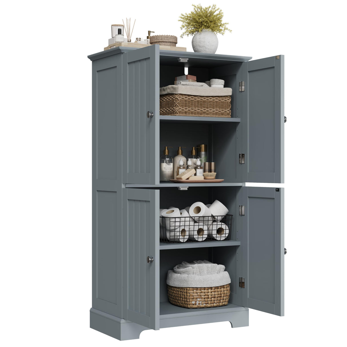 ChooChoo Bathroom Floor Cabinet, Modern Bathroom Storage Cabinet with 4 Doors and Adjustable Shelves, Freestanding Cupboard for Living Room, Grey ChooChoo