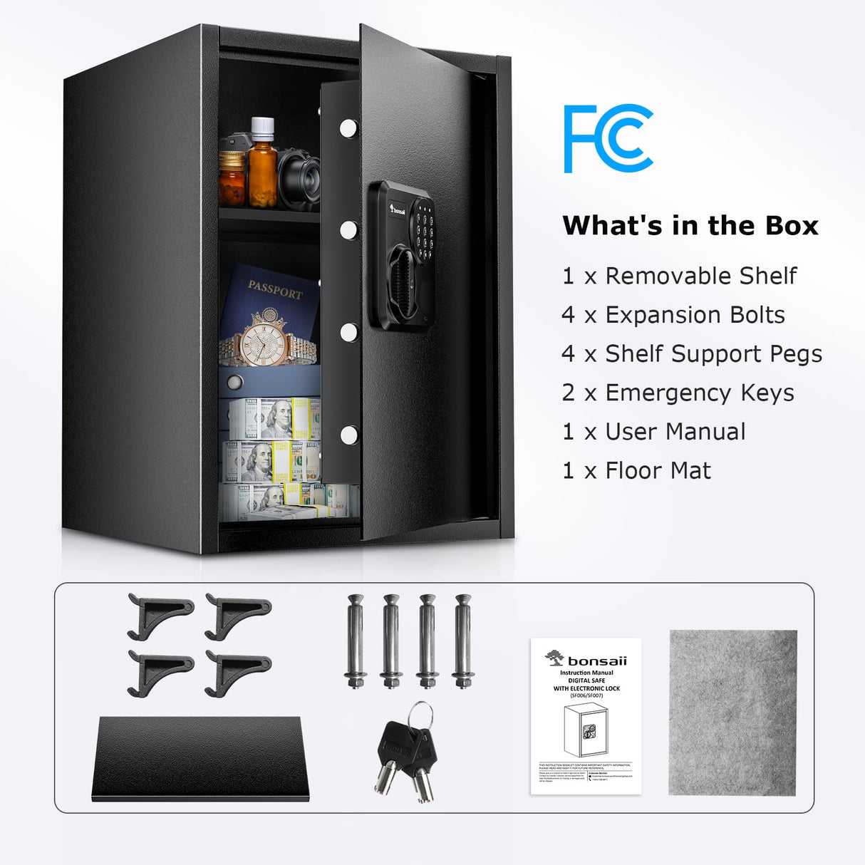 Bonsaii 1.8 Cubic Feet Security Home Safe with Digital Keypad, Security Box for Jewelry, Cash, Guns | Document Safe (14.2"x12.99"x19.7") bonsaii