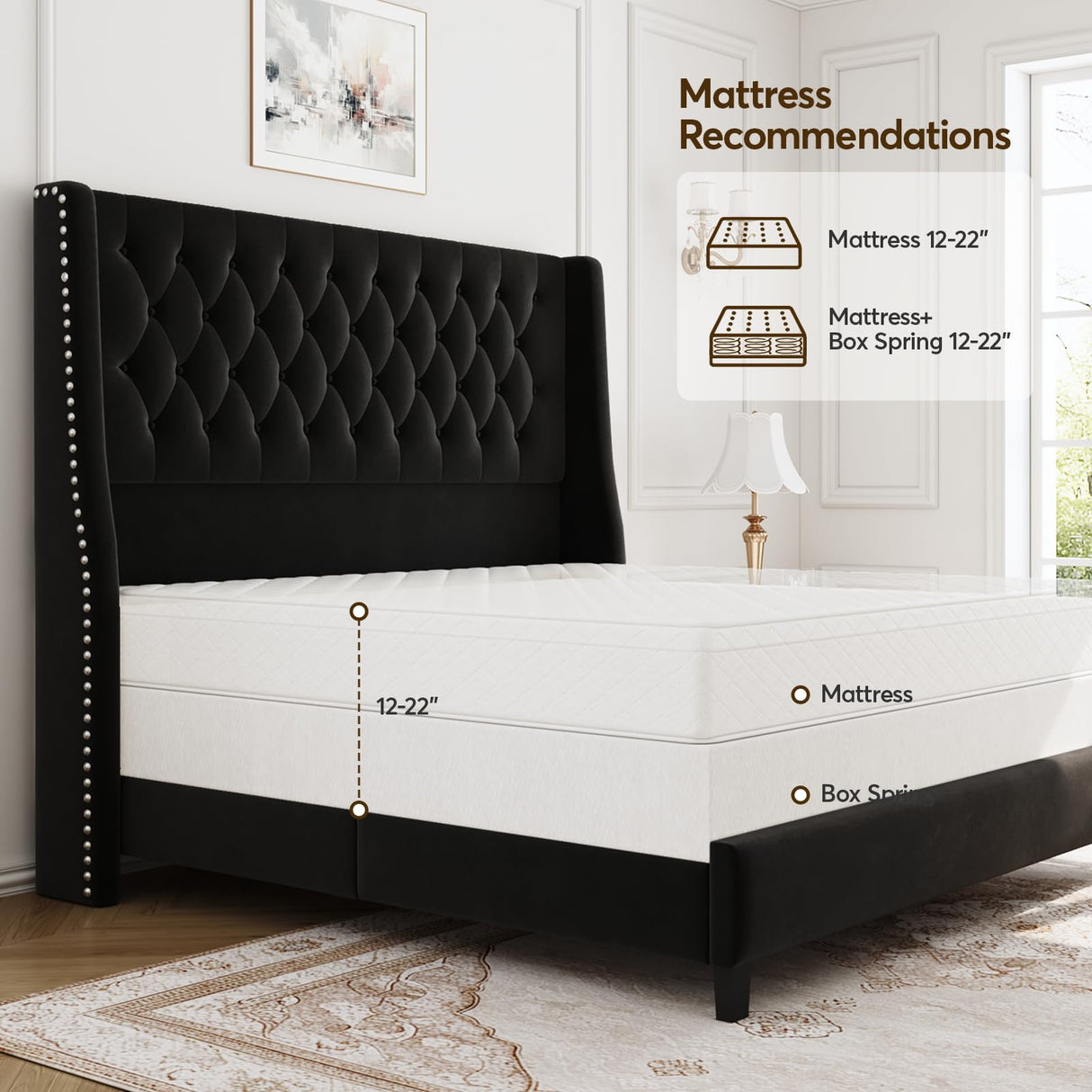 SEREINEY Full Bed Frame with 55" Tall Headboard, Upholstered Bed Frames, Soft Fabric, Button Tufted Headboard with Windback, Platform Bed, Noise-Free, No Box Spring Needed, Black SEREINEY