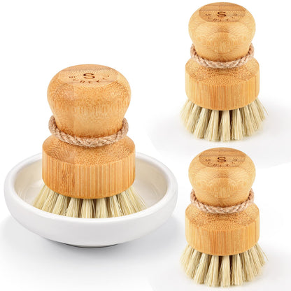 Bamboo Dish Scrub Brushes by Subekyu, Kitchen Wooden Cleaning Scrubbers Set for Washing Cast Iron Pan/Pot, Natural Sisal Bristles, Set of 3