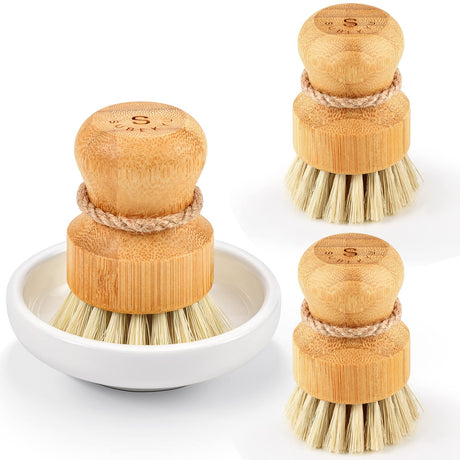 Bamboo Dish Scrub Brushes by Subekyu, Kitchen Wooden Cleaning Scrubbers Set for Washing Cast Iron Pan/Pot, Natural Sisal Bristles, Set of 3 SUBEKYU