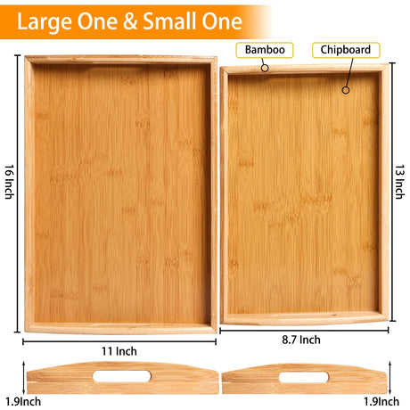 2 Pack Bamboo Serving Tray with Handles, Portable Bed Tray for Breakfast Dinner, Eating Trays for Living Room,Restaurants JUPELI