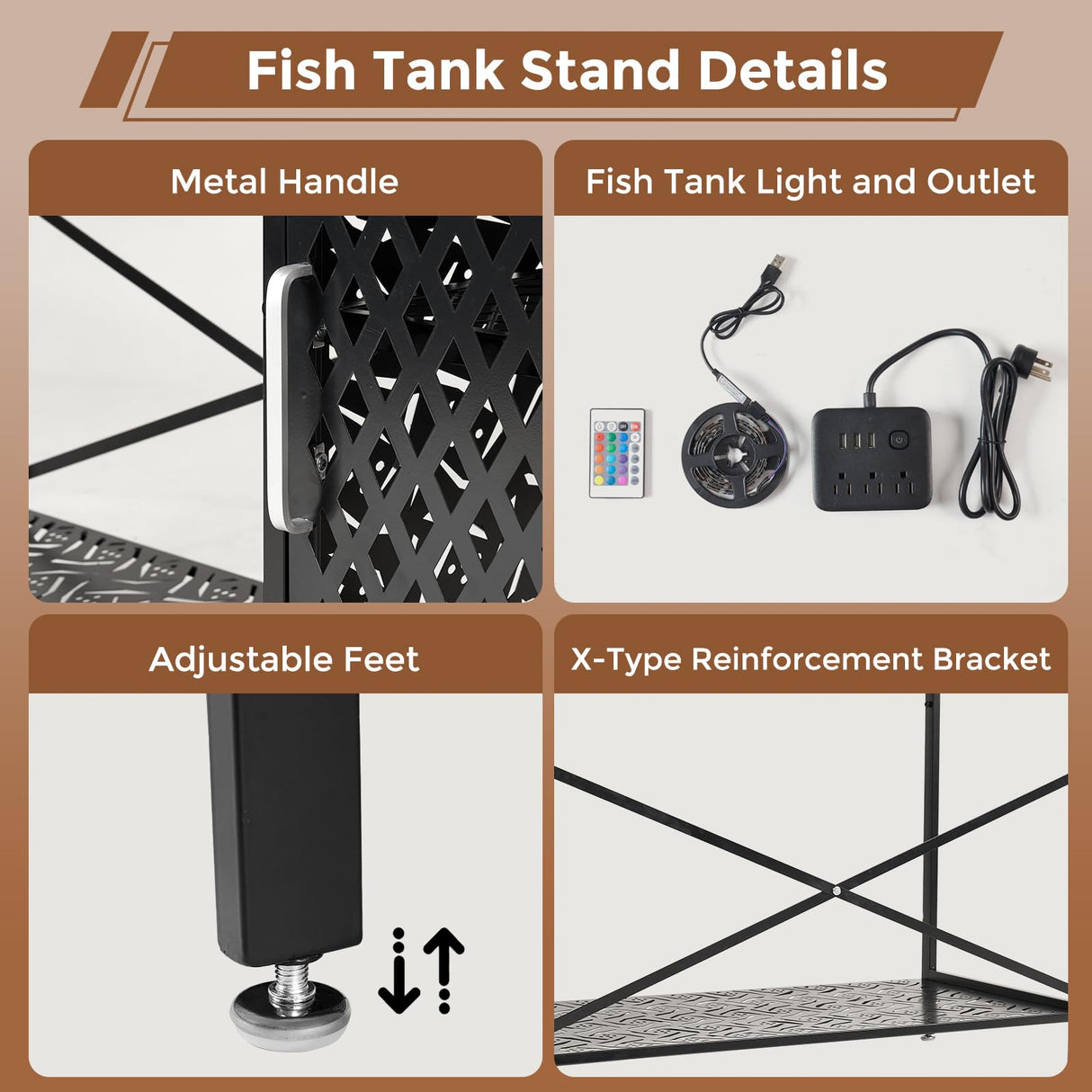 Annualring 55-75 Gallon Fish Tank Stand with Movable Power Cord& LED Light，Metal Aquarium Stand with Storage Cabinet，Large Fish Tank,Turtle and Reptile Terrarium,1000LBS Capacity, Black Annualring