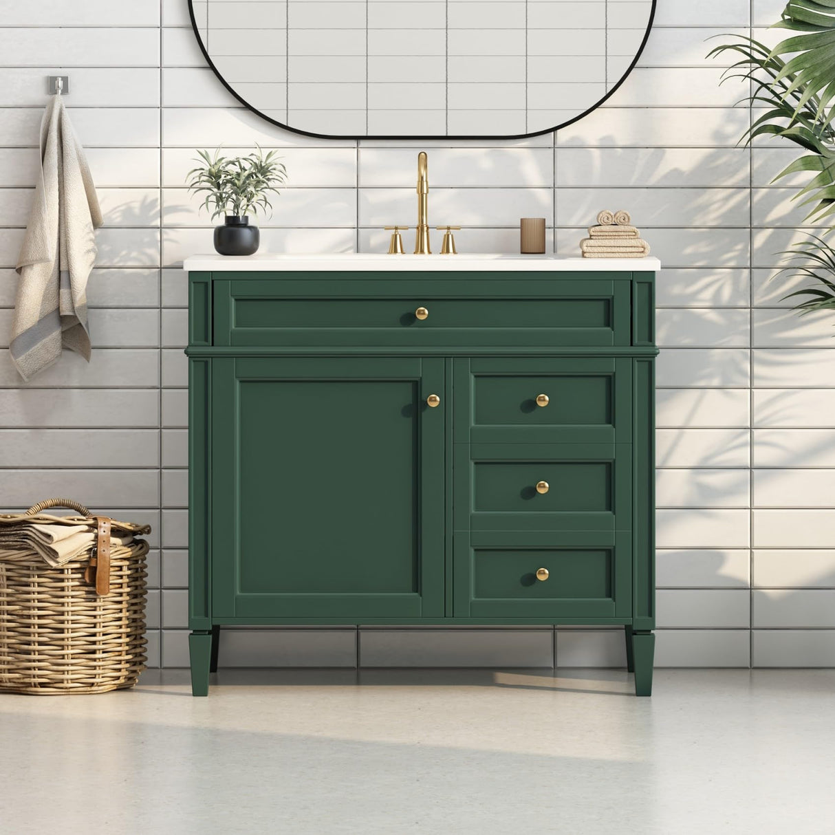 36'' Bathroom Vanity with Top Single Resin Sink Countertop, Solid Wood Frame Modern Storage Cabinet, Tip-Out Drawer, Soft Closing Doors, Green Merax