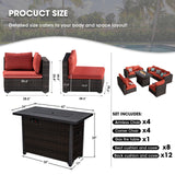 Grezone 9 Piece Patio Furniture Set with 44" Fire Pit Table, Outdoor Sectional Couch, PE Rattan Patio Conversation Sets with 4inch Cushions for Backyard Red Grezone