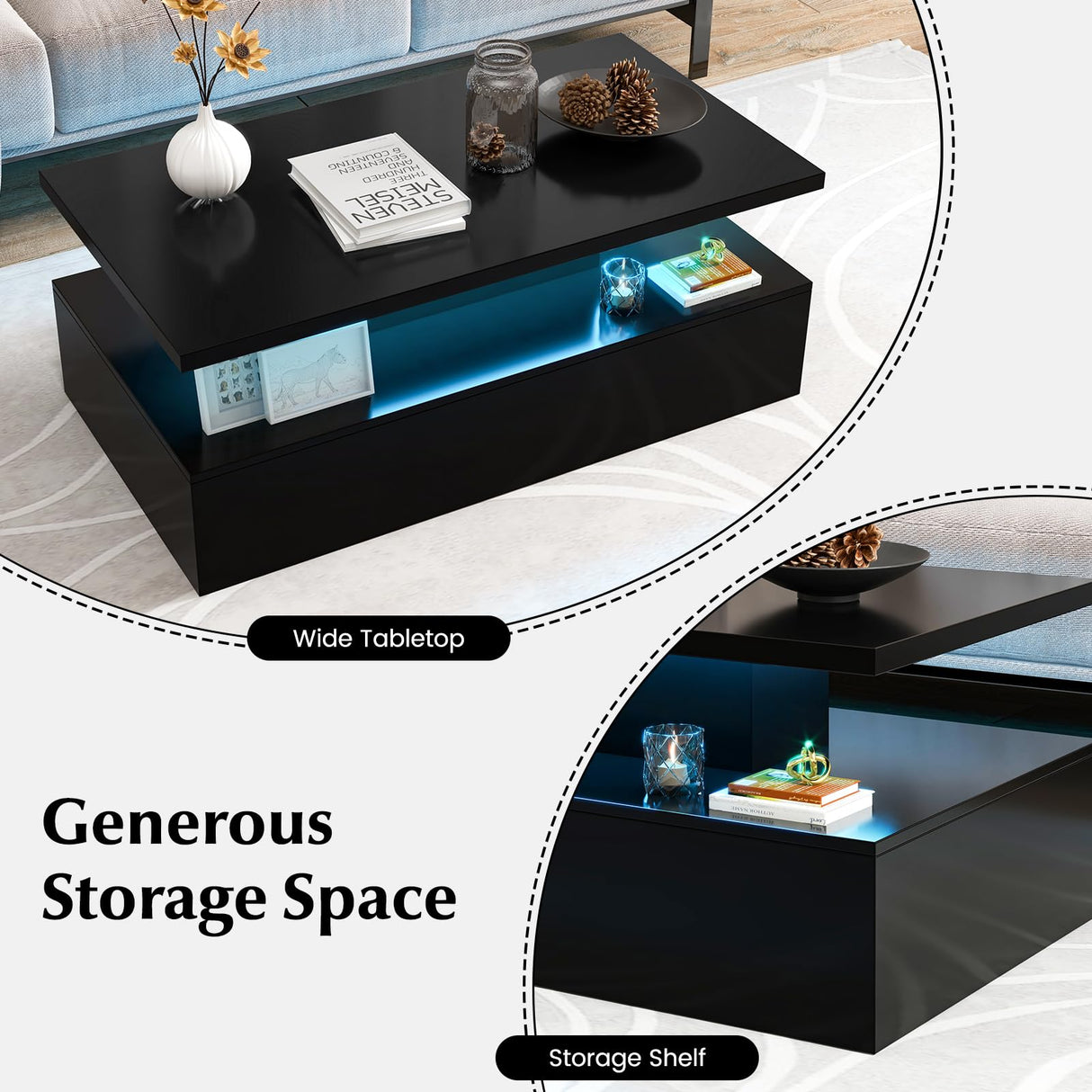 Giantex Modern LED Coffee Table - 2-Tier High Gloss Table w/Adjustable 20-Color Light, 8-Level Brightness & Speed, Remote Control, Contemporary 43.5”L Rectangular Center Table for Living Room (Black) Giantex