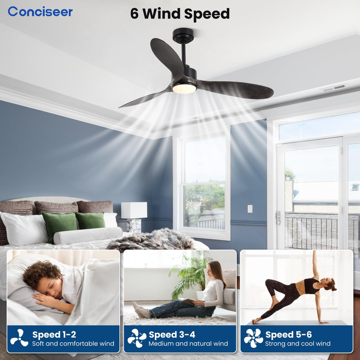 Wood Ceiling Fans with Lights, 52 Inch Ceiling Fans with Light and Remote for Bedroom Living Room Kitchen Office, Indoor/Outdoor Use, 3CCT Dimmable, 3 Blades 6 Speed Reversible Quiet DC Motor, Black Conciseer