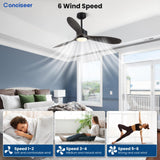 Wood Ceiling Fans with Lights, 52 Inch Ceiling Fans with Light and Remote for Bedroom Living Room Kitchen Office, Indoor/Outdoor Use, 3CCT Dimmable, 3 Blades 6 Speed Reversible Quiet DC Motor, Black Conciseer
