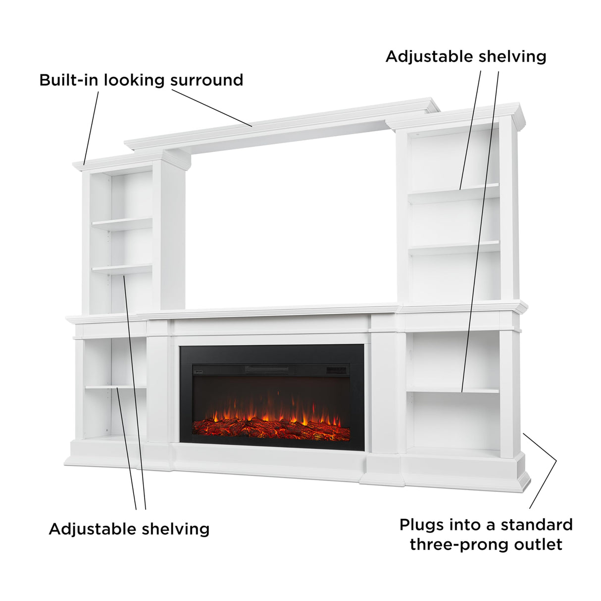 Real Flame Monte Vista 108" Landscape Electric Fireplace TV Stand for TVs up to 60 inches, Entertainment Center with Adjustable Shelves and Storage, TV Stand for Living Room and Bedroom, White Real Flame