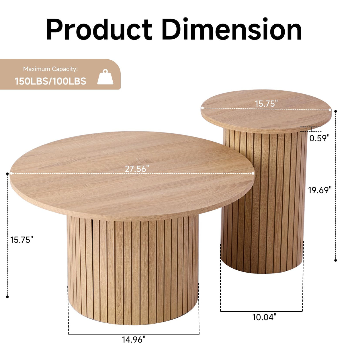 Valivestia Round Nesting Coffee Tables Set of 2, Mid Century Modern Small End Table with Fluted Style Drum Side Tables, Wood Slat Side Table Set for Living Room Bedroom Balcony Office Valivestia