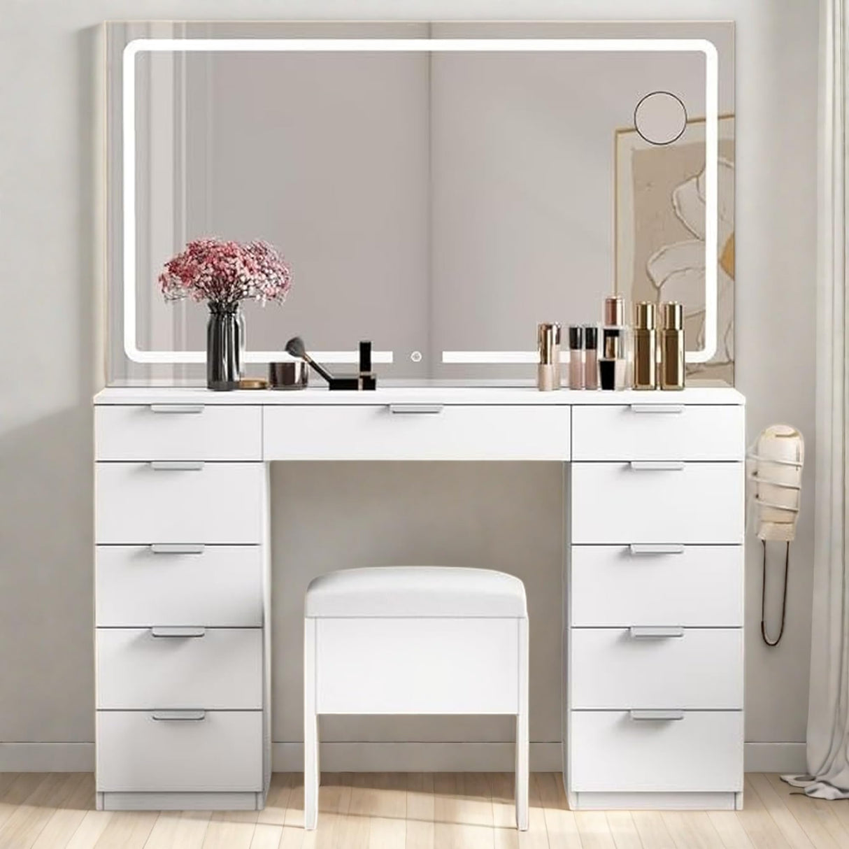YITAHOME 46'' Vanity Desk with Large LED Lighted Mirror & Charging Ports, 11-Drawer Makeup Table Set with Storage Stool for Dressing Room, 3 Lighting Modes Brightness Adjustable, White Finish YITAHOME