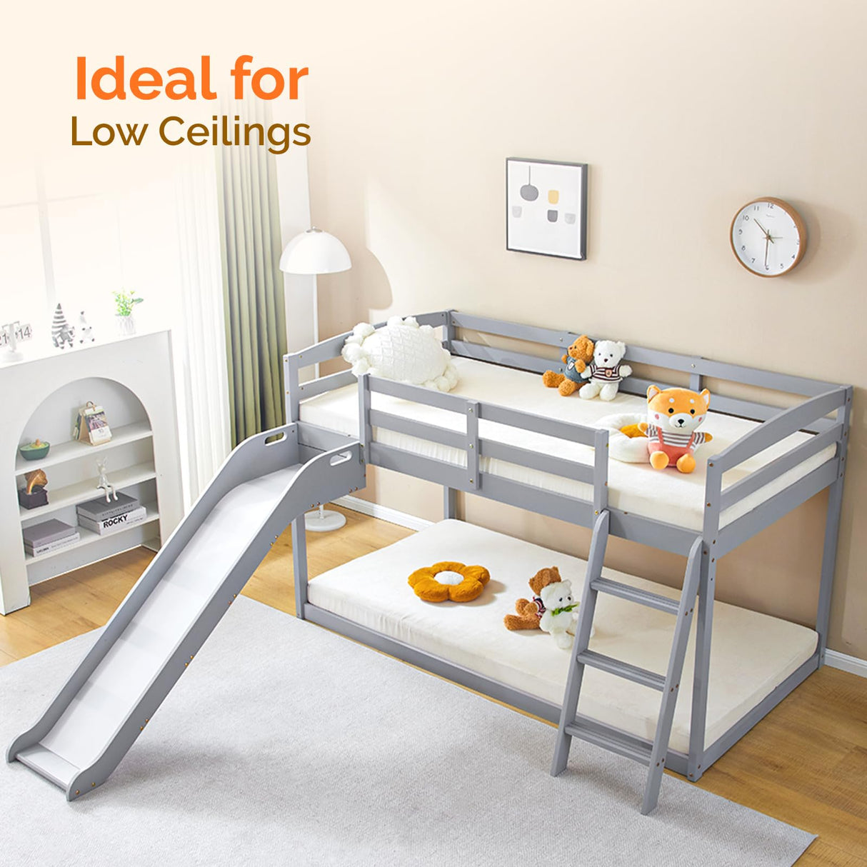 JOYMOR Bunk Bed with Curved Slide, Bunk Bed Twin Over Twin, Toddler Bunk Bed with Slide and Angled Ladder, Solid Pine Wood Slide Bed,14" Safety Guardrail, Anti-Slip Steps JOYMOR