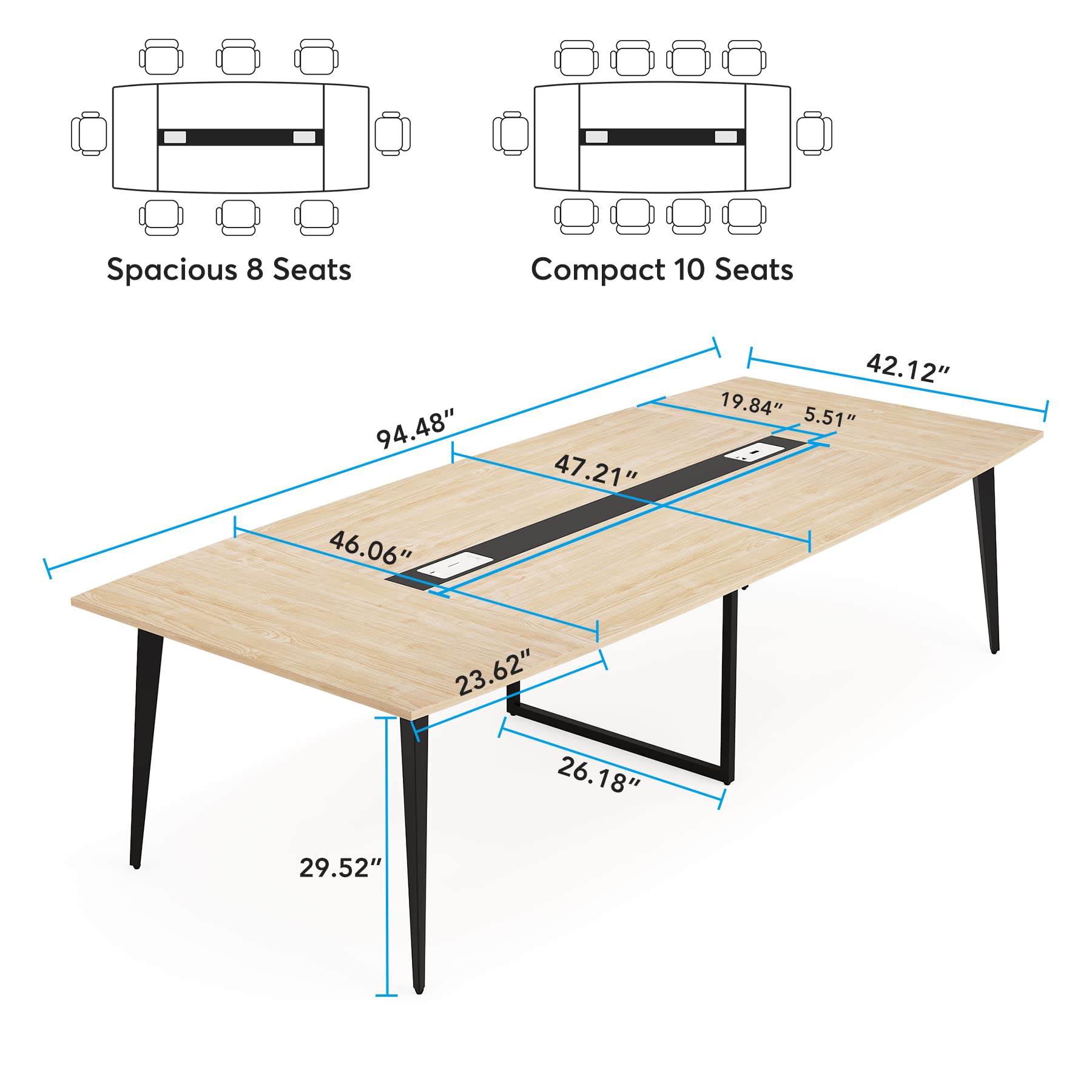 Tribesigns 8FT Conference Table, 94.48L x 47.21W x 29.52H Inches Boat Shaped Meeting Table with Rectangle Grommet, Modern Seminar Boardroom Table for Office Conference Room (Light Wood Grain, - WoodArtSupply