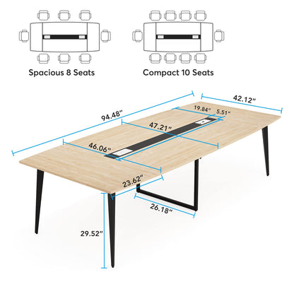 Tribesigns 8FT Conference Table, 94.48L x 47.21W x 29.52H Inches Boat Shaped Meeting Table with Rectangle Grommet, Modern Seminar Boardroom Table for Office Conference Room (Light Wood Grain, - WoodArtSupply