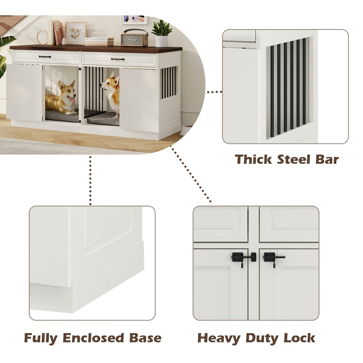 Large Dog Crate Furniture - Wooden Indoor Dog Kennel Furniture for 2 Dogs with 2 Drawers and Removable Divider, Heavy Duty Dog Crate Table, 63" L x 23.6" W x 31.5" H, White Faceket