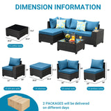 Jing's Villa 5-Piece Patio Furniture Set, All-Weather Outdoor Wicker Sectional Sofa with Cushions, Tempered Glass Table & Ottoman, Rattan Conversation Seating for Porch, Garden, Backyard,Peacock Blue Jing's Villa