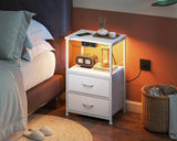 Casaottima White Night Stand with Charging Station and LED Lights, End Table for Bedroom with 2 Fabric Drawers, Small Nightstand with Storage Shelf, Bed Side Table, Bedside Table Casaottima
