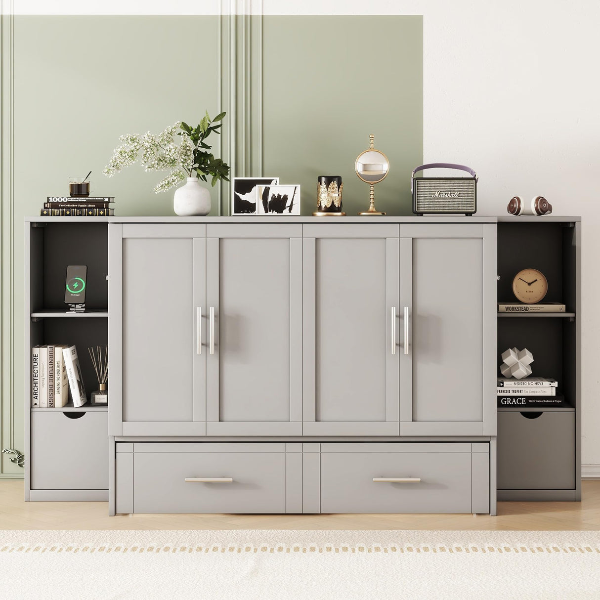 Full Size Murphy Wall Bed With Storage and Bookcase Headboard, Solid Wood Cabinets With Shelves, Drawers and USB Ports, Multi-Function Platform for Home Office, Guest Room - Gray Harper & Bright Designs