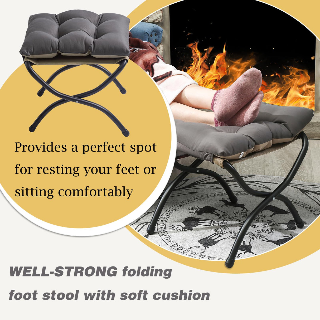 WELL-STRONG 15" Foldable Foot Stool Ottoman with Metal Frame - Washable Dark Grey Upholstered Indoor/Outdoor Footrest for Living Room, Bedroom, Patio - Space-Saving Compact Design WELL-STRONG