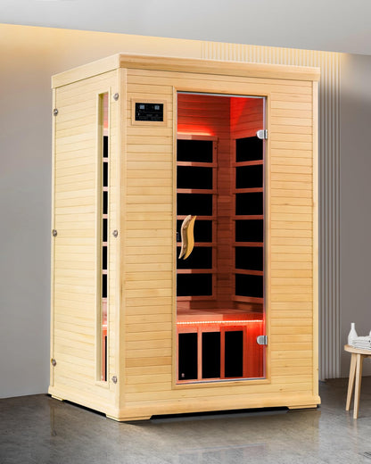 SpaZeit 2 Person Far Infrared Sauna for Home Spa, 1900W Low EMF Wooden Dry Sauna Room with Bluetooth Speakers, LCD Control Panel, Tempered Glass Door, 7 Colors Lighting, 74.76"x48.84"x40.56"