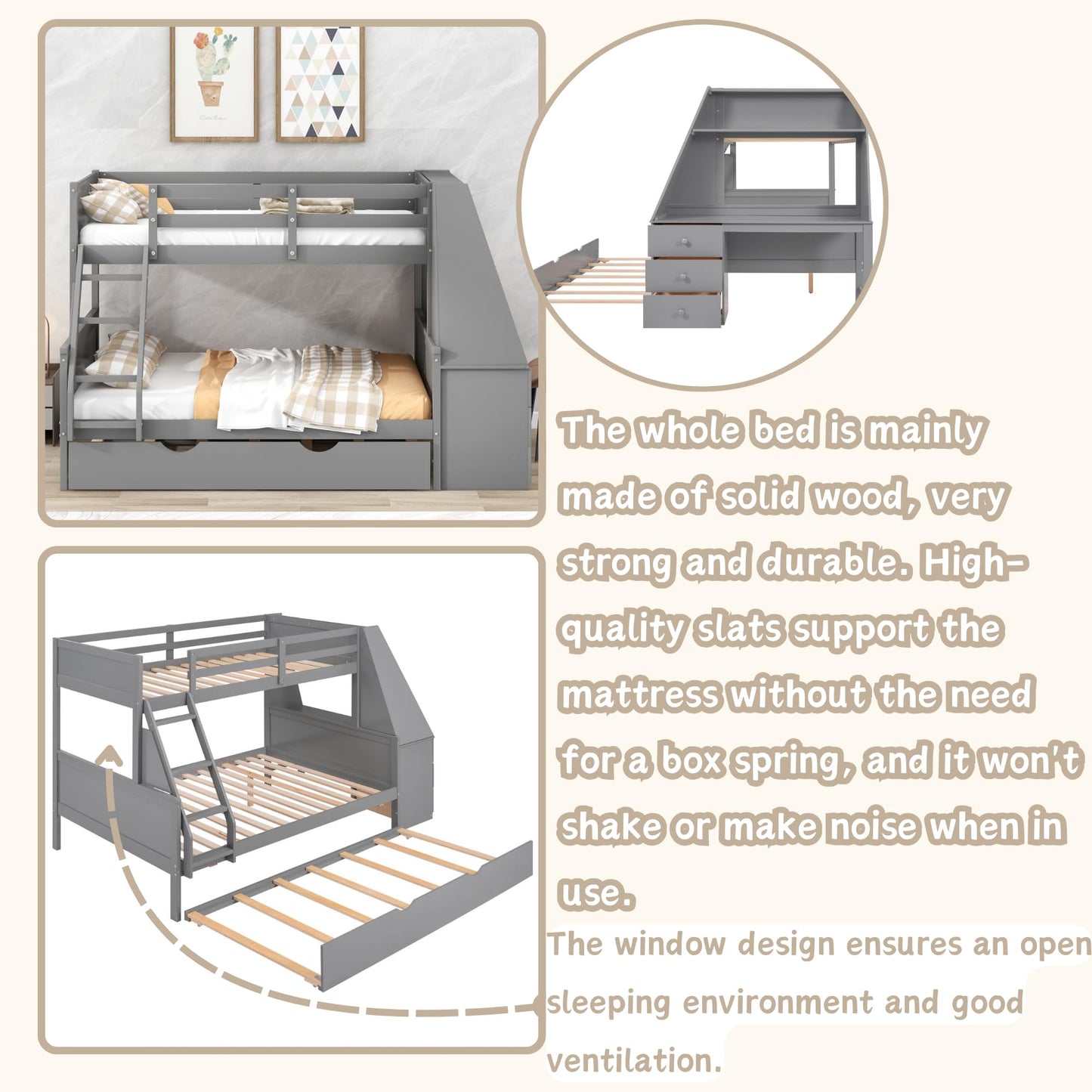 Twin Over Full Bunk Beds with Trundle and Desk Wood Bunk Bed Frame with Three Storage Drawers and One Shelf for Kids Boys Girls Teens, Gray