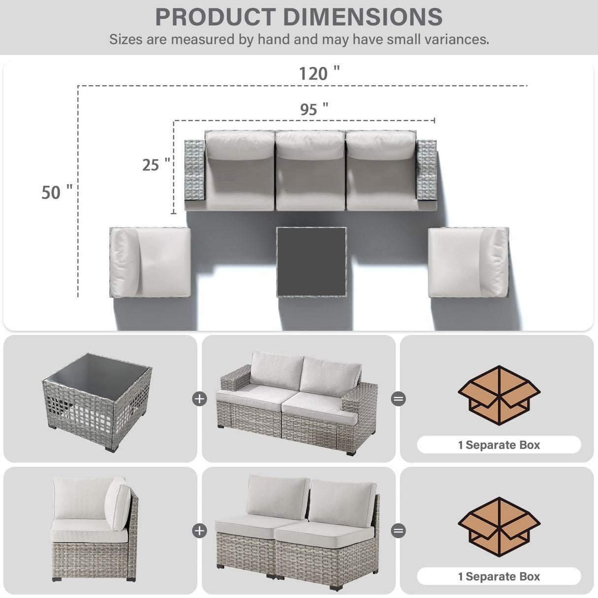 Belord 6 Piece Wicker Patio Furniture Set - 10" Wide Armrests Outdoor Sectional Couch, 5-Seater Modular Patio Conversation Set with Glass Coffee Table for Deck Backyard Sunroom Belord
