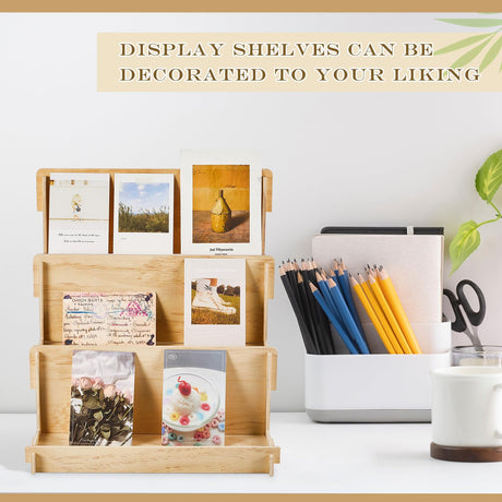 Barydat 2 Pcs 3 Tiered Greeting Card Display Stand Wooden Organizer Racks for Sticker Craft Brochure Table Tabletop Vendors Retail Counter Trade Shows Showcase Barydat