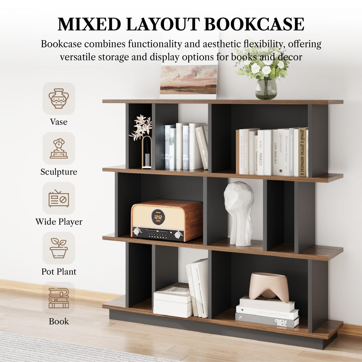 LIKEMET 3-Tier Horizontal Bookcase, 47'' Geometric Bookshelf with Anti-Tipping Kit, Open Modern Room Divider Display Shelf, Storage Organizer Shelf for Bedroom, Living Room, Office LIKEMET