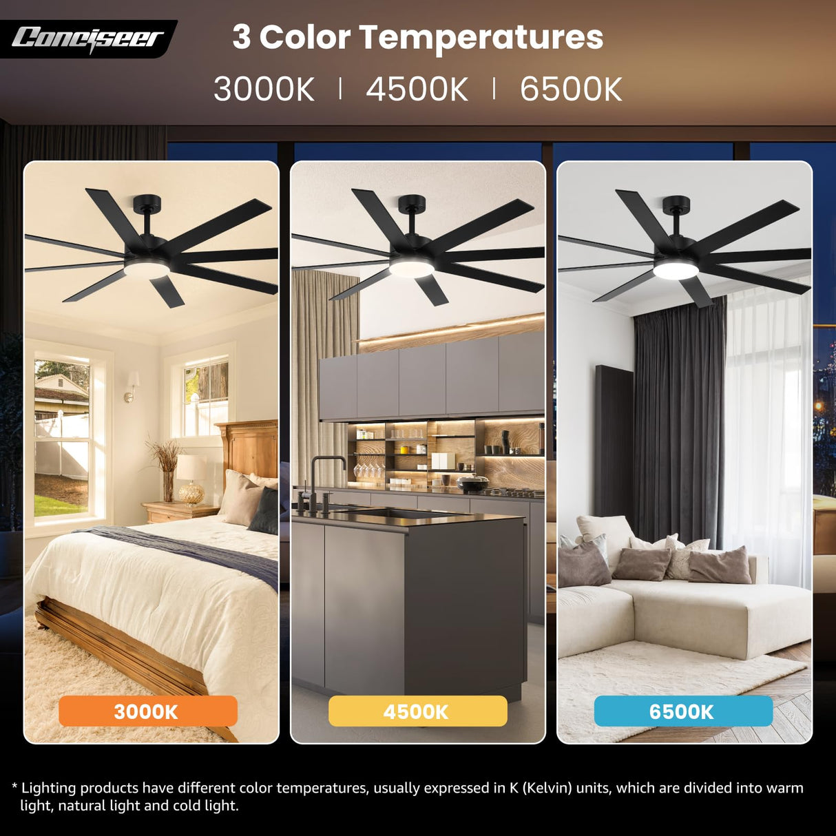 Modern 72 Inch Ceiling Fans with Lights and Remote, Dual Color 8 Blades, Bedroom Living Room Office Library Cafe Outdoor Industrial, 3CCT Dimmable, 6 Speed Reversible Quiet DC Motor, Black/Wood Grain Conciseer