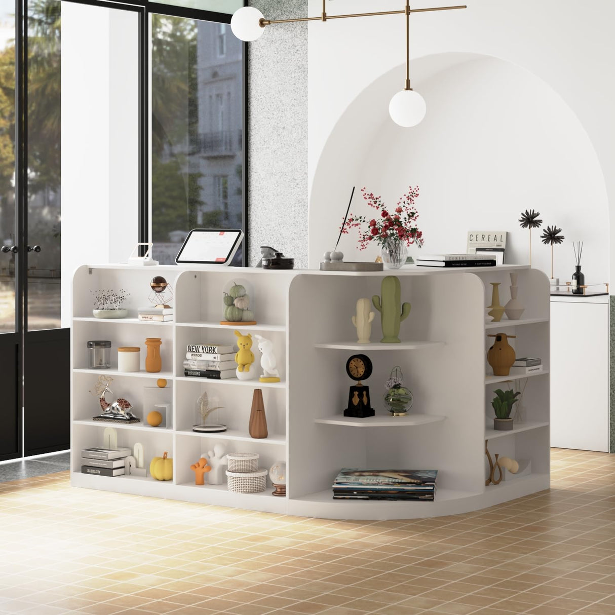 ROMSHINE Reception Desk for Retail and Checkout, L-Shape Front Desk with 3 Drawers and Display Shelves, Reception Counter Table for Shop, Salons, White ROMSHINE