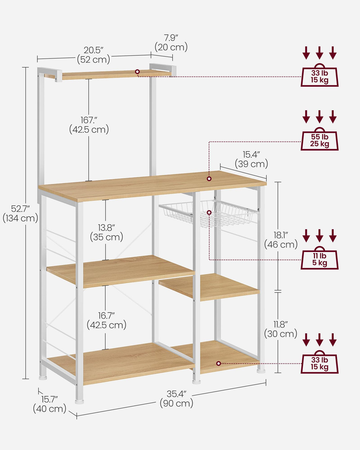 VASAGLE Baker's Rack, Microwave Stand, Kitchen Storage Rack with Wire Basket, 6 Hooks, and Shelves, for Spices, Pots, and Pans, Golden Oak and Cloud White UKKS035W09 VASAGLE