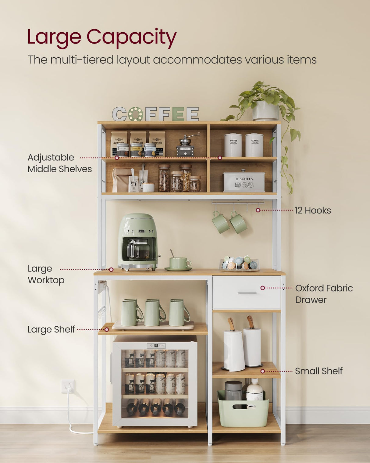 VASAGLE Bakers Rack with Charging Station, Coffee Bar Stand with Adjustable Storage Shelves, Fabric Drawer, 12 Hooks, Table for Microwave, Kitchen, Gold Oak and Cloud White UKKS028Y09 VASAGLE