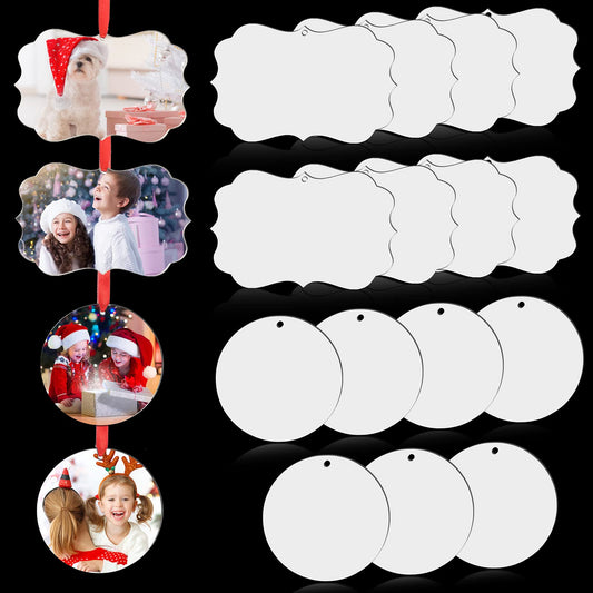 15 Pieces Christmas Sublimation Ornament Blank Sublimation Ornaments with Red Ropes MDF Ornament Blank MDF Ornament Blank MDF Ornaments for Christmas Party Decor