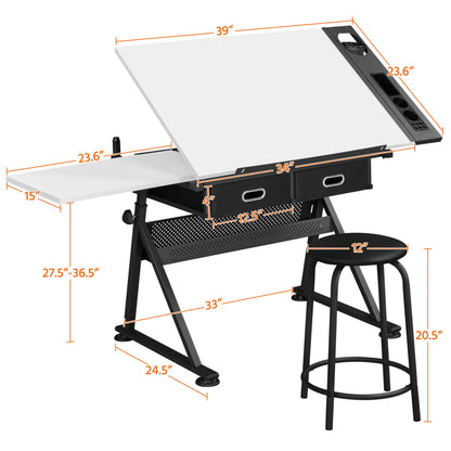 Yaheetech Height Adjustable White Art Desk for Adults, Tilting Tabletop Drafting Drawing Table with Extra Large Desktop and Drawers, Foldable Stand up Craft Painting Table and Chair Set with Stools