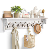 BECHAEO 35.8'' Wood Coat Rack Wall Mount with Shelf, White Wall Coat Rack with Hooks, Farmhouse Rustic Coat Hooks for Entryway Bathroom Hallway Kitchen Bedroom BECHAEO