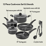 bella Cookware Set, 12 Piece Pots and Pans with Utensils, Nonstick PFOA Free Scratch Resistant Cooking Surface Compatible with All Stoves, Nylon and Aluminum, Black BELLA