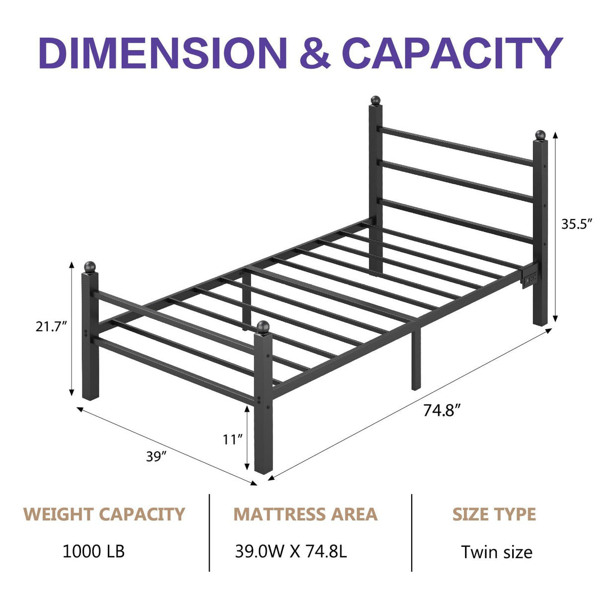 CollaredEagle Twin Bed Frame with Headboard and Footboard,Heavy Duty Steel Slats Support Metal Bed Frame with Charging Station, Black CollaredEagle