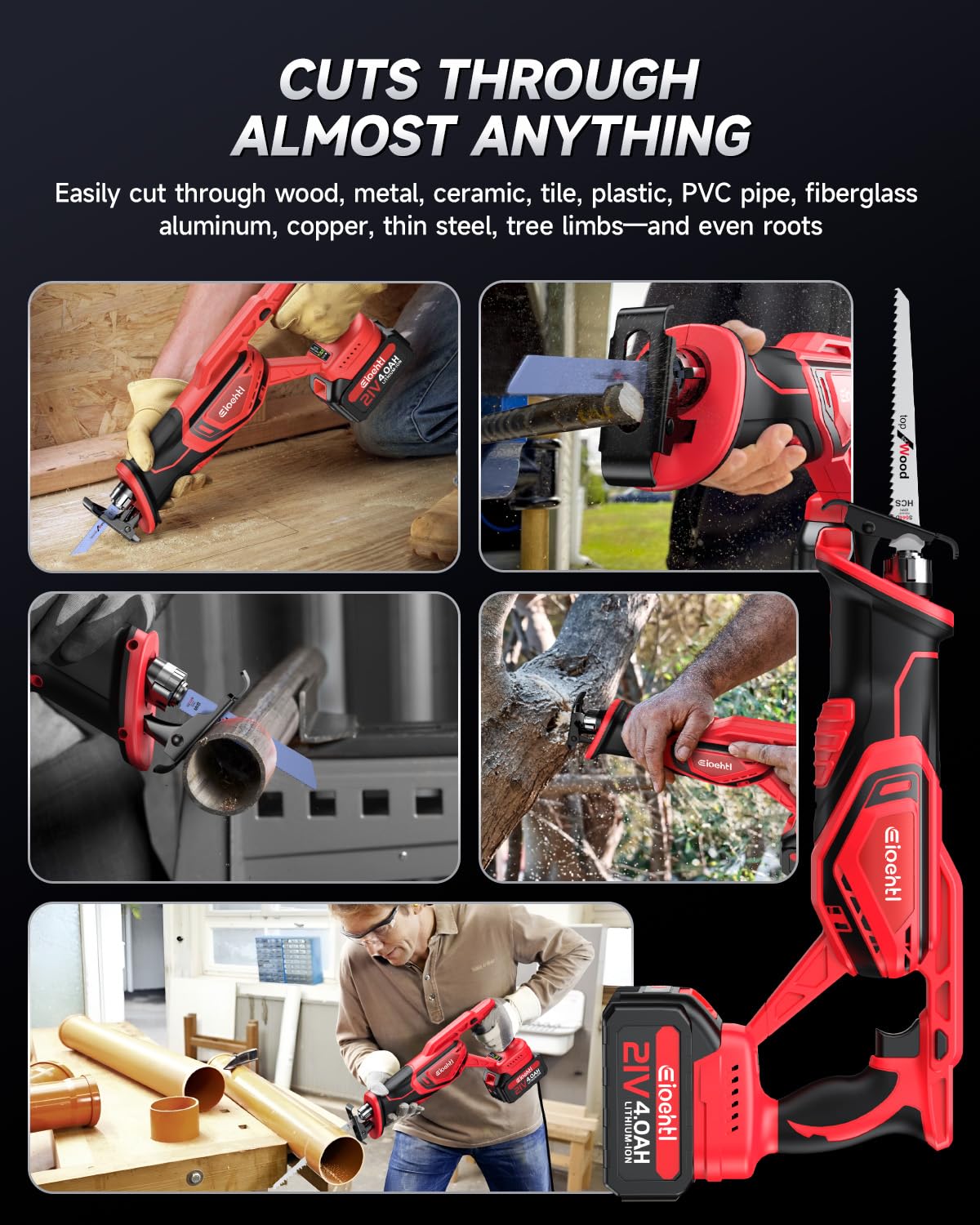 Reciprocating saw, Enhanced 3500 SPM Low Noise Brushless Motor, High-Performance 2*21V 4.0 Ah Batteries Extended Standby, 8 pcs Versatile Alloy Steel Blade Set Easily Cut Through Wood, Metal, ABS etc. Eioehtl