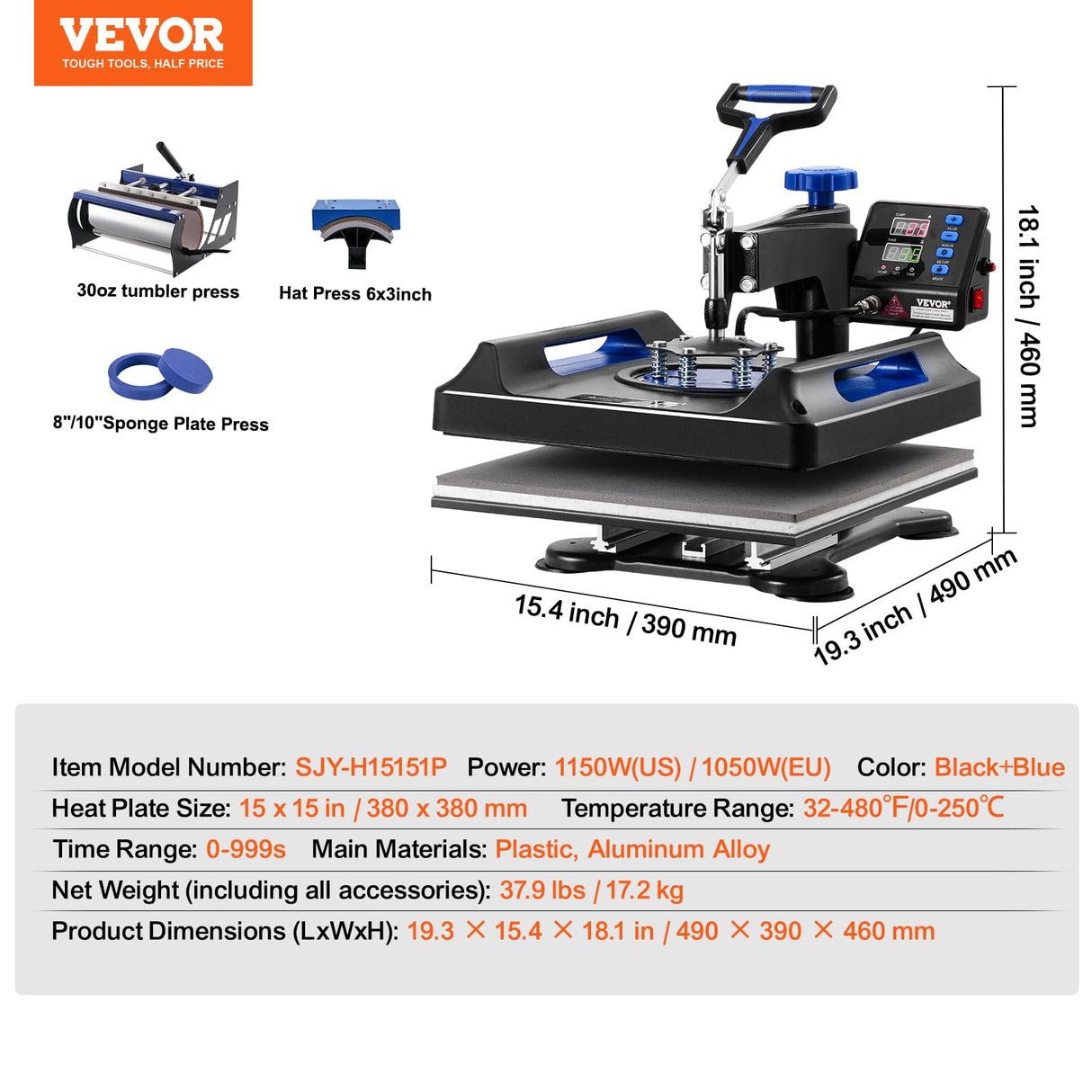 VEVOR 5 in 1 Heat Press Machine, Heat Transfer Machine with 30 oz Tumbler Press, 15 x 15 inch, 360° Swing Away T-Shirt Pressing, Fast Even Heating, for T-Shirts/Mugs/Plates/Hats, Black+Blue VEVOR