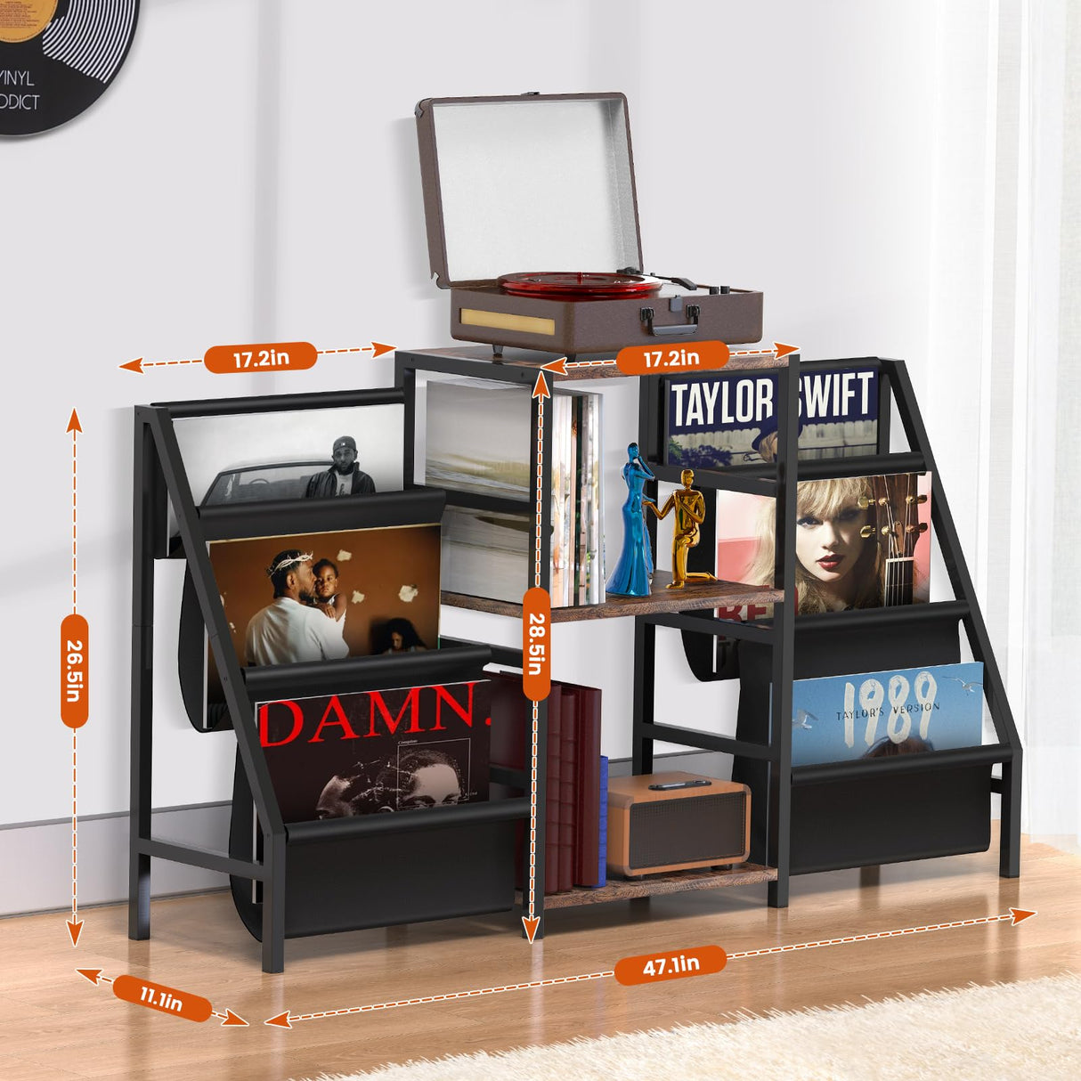 sugitek Record Player Stand,Vinyl Storage with 6-Tier Up to 280 Albums CDs, Record Holder Display Shelf for Living Room,Bedroom,Record Cabinet for Media Stereo Audio（Black） sugitek