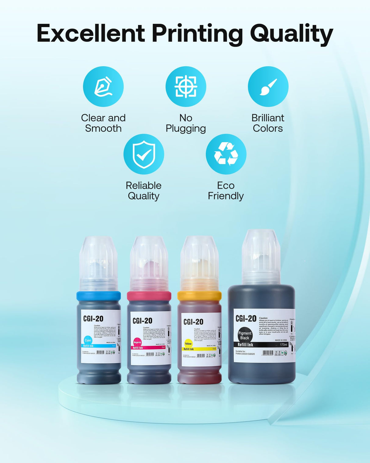 GI-20 GI20 Refill Ink Bottles Kit Compatible for Canon PIXMA G6020 G7020 G5020 MegaTank Printers, 4-Pack (170ML GI-20 Black, 70ML GI20 Color) JETSIR