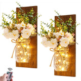Rustic Wall Sconces Mason Jar Sconces Handmade Wall Art Hanging Design with Remote Control LED Fairy Lights and White Peony,Christmas Decor Gift Farmhouse Wall Home Decor Living Room Lights Set of Two Homecor