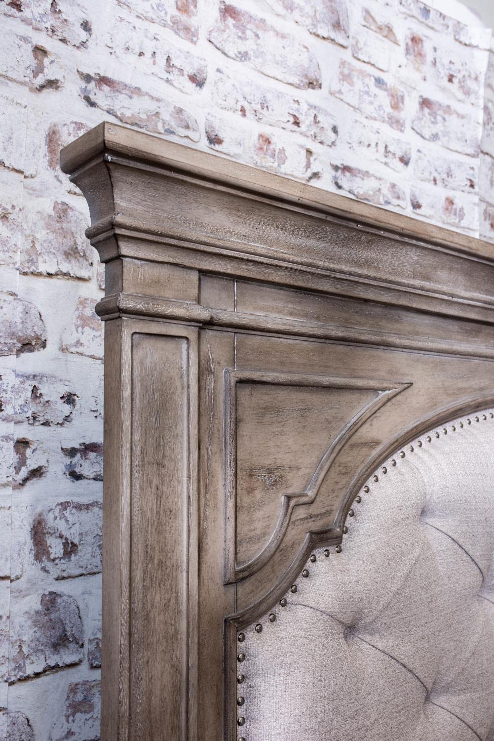 Steve Silver Company Highland Park 83.5" x 90" Farmhouse Wood & Fabric Upholstered Panel King Bed with Button Tufted Headboard, Low Vertical Planked Inset Panel Footboard, in Driftwood Gray Finish Steve Silver