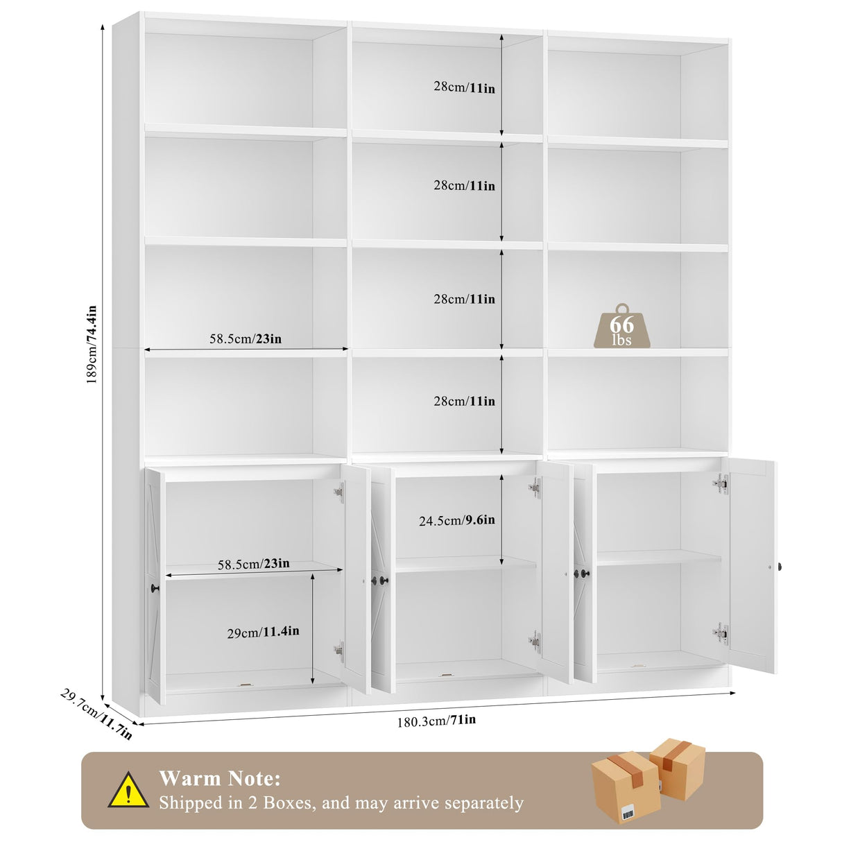 FACBOTALL 75" Triple Wide Bookshelf, White Bookshelf and Bookcase with 6 Farmhouse Doors, 71" Wide 6 Tier Book Shelf with 18 Storage Shelves, Large Wooden Bookshelves, Tall Bookcase for Office, White FACBOTALL
