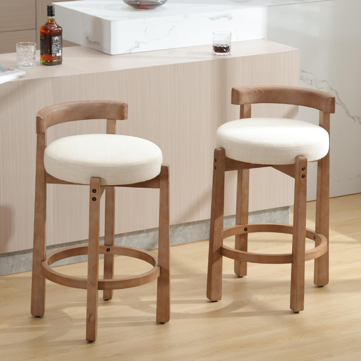 HEAH-YO Mid Century Modern Bar Stools Set of 2, 26.5" Counter Stools with Back, Linen Upholstered Barstools with Solid Wood Legs Bar Chairs for Kitchen Island Dining Room, Beige HEAH-YO